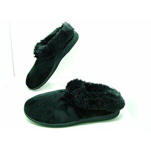 Womens Dearfoams Slippers Black Faux Fur Round Toe Comfort Slip On Size US 7